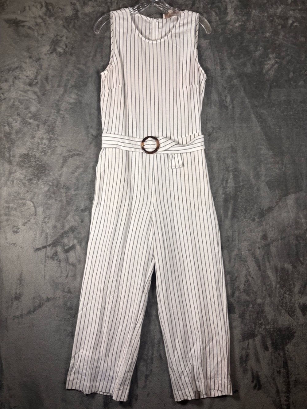 LOFT Linen Wide Leg Jumpsuit Belted White w/‎ Black Stripe Women’s Size 2
